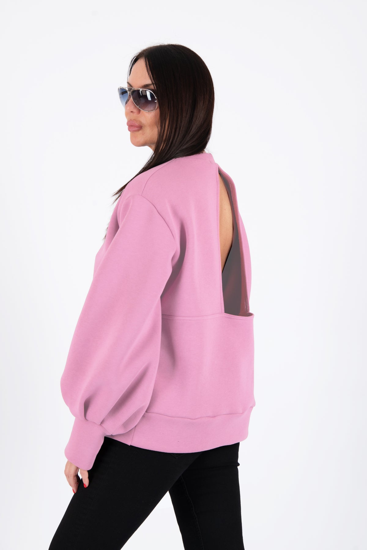 Baby Pink cotton fleece sweatshirt - puff sleeves, round neckline and back cut-out, Anji | EUG Fashion #baby-pink