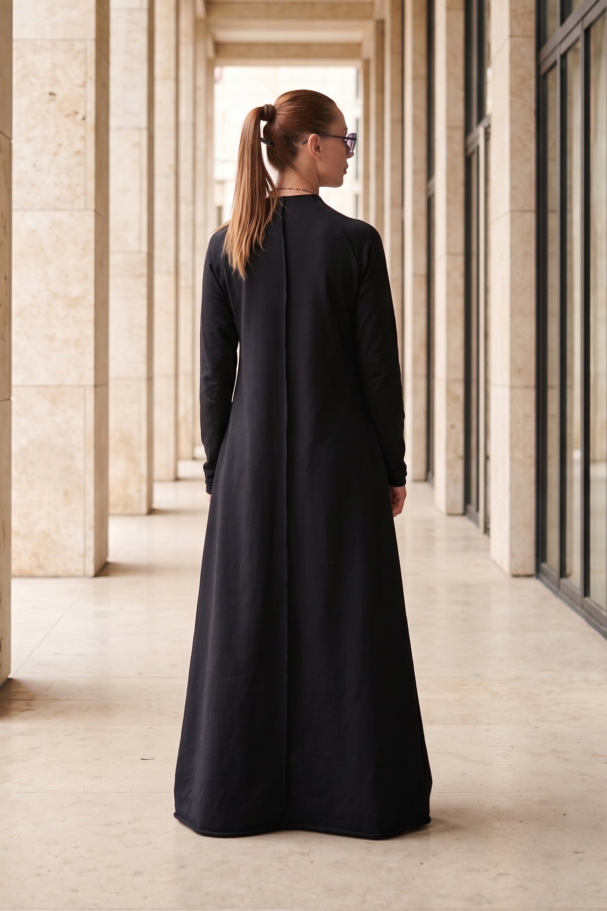 Black cotton terry long dress Barbara with ribbed decorative edges - EUG Fashion #black
