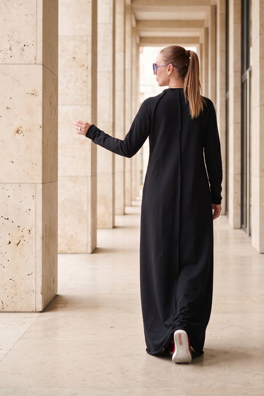Black cotton terry long dress Barbara with ribbed decorative edges - EUG Fashion #black
