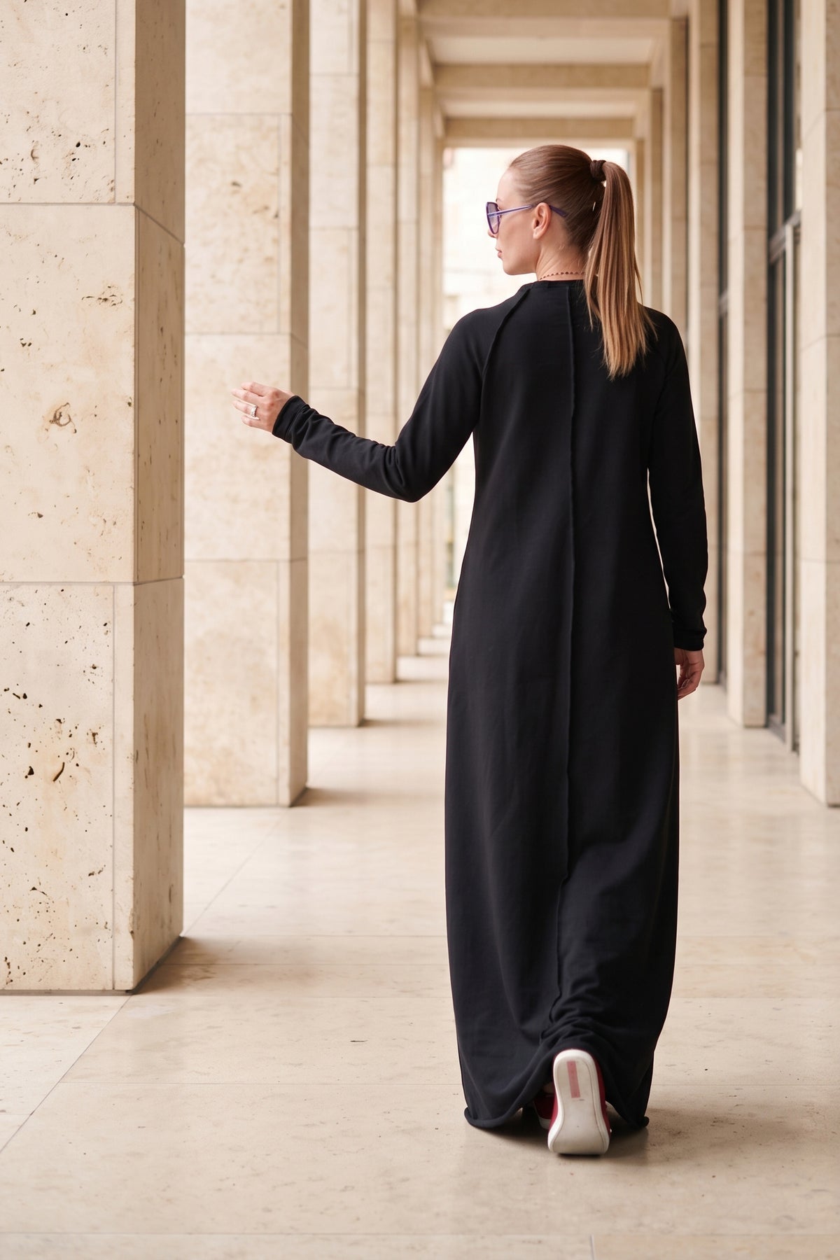 Black cotton terry long dress Barbara with ribbed decorative edges - EUG Fashion #black
