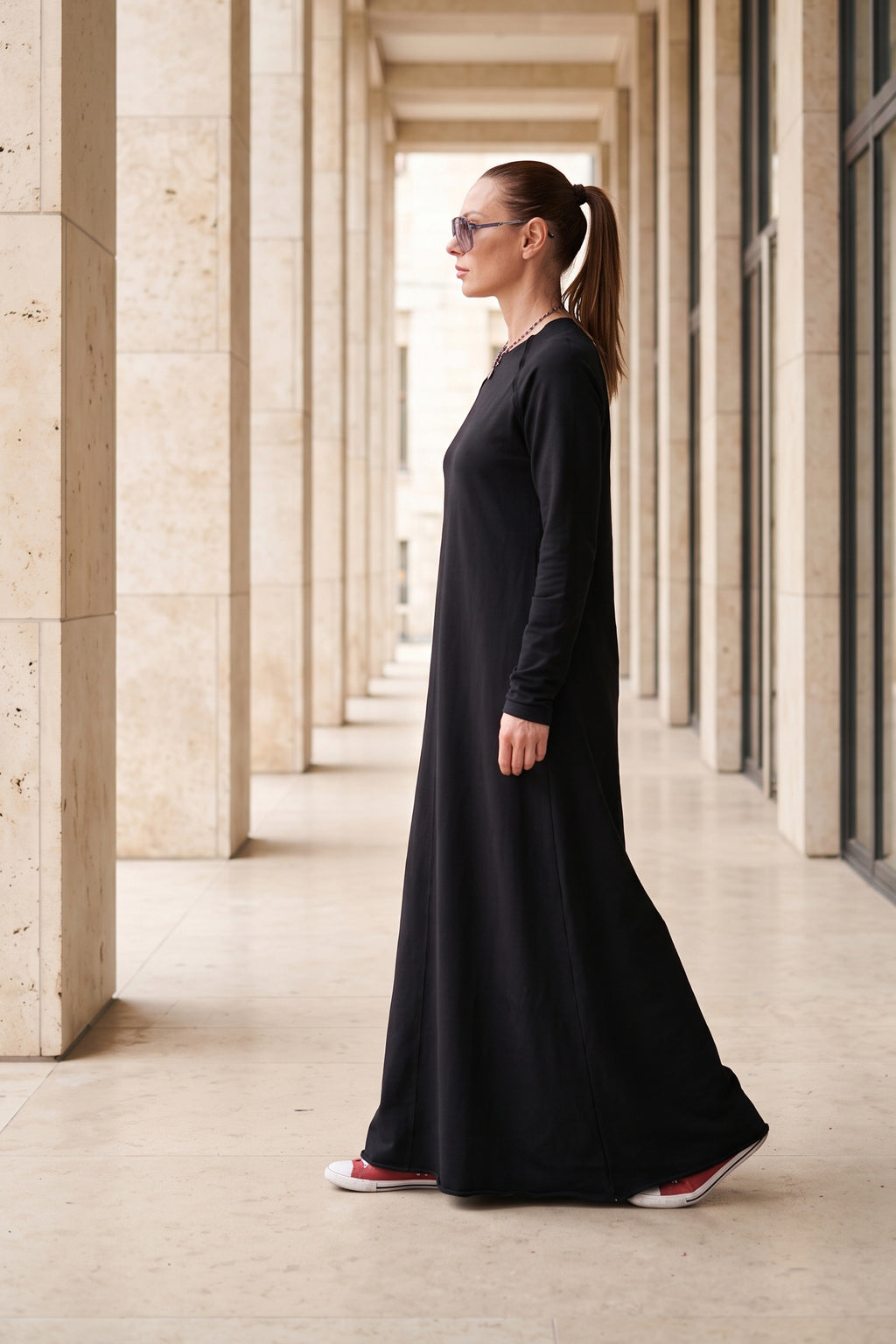 Black cotton terry long dress Barbara with ribbed decorative edges - EUG Fashion #black
