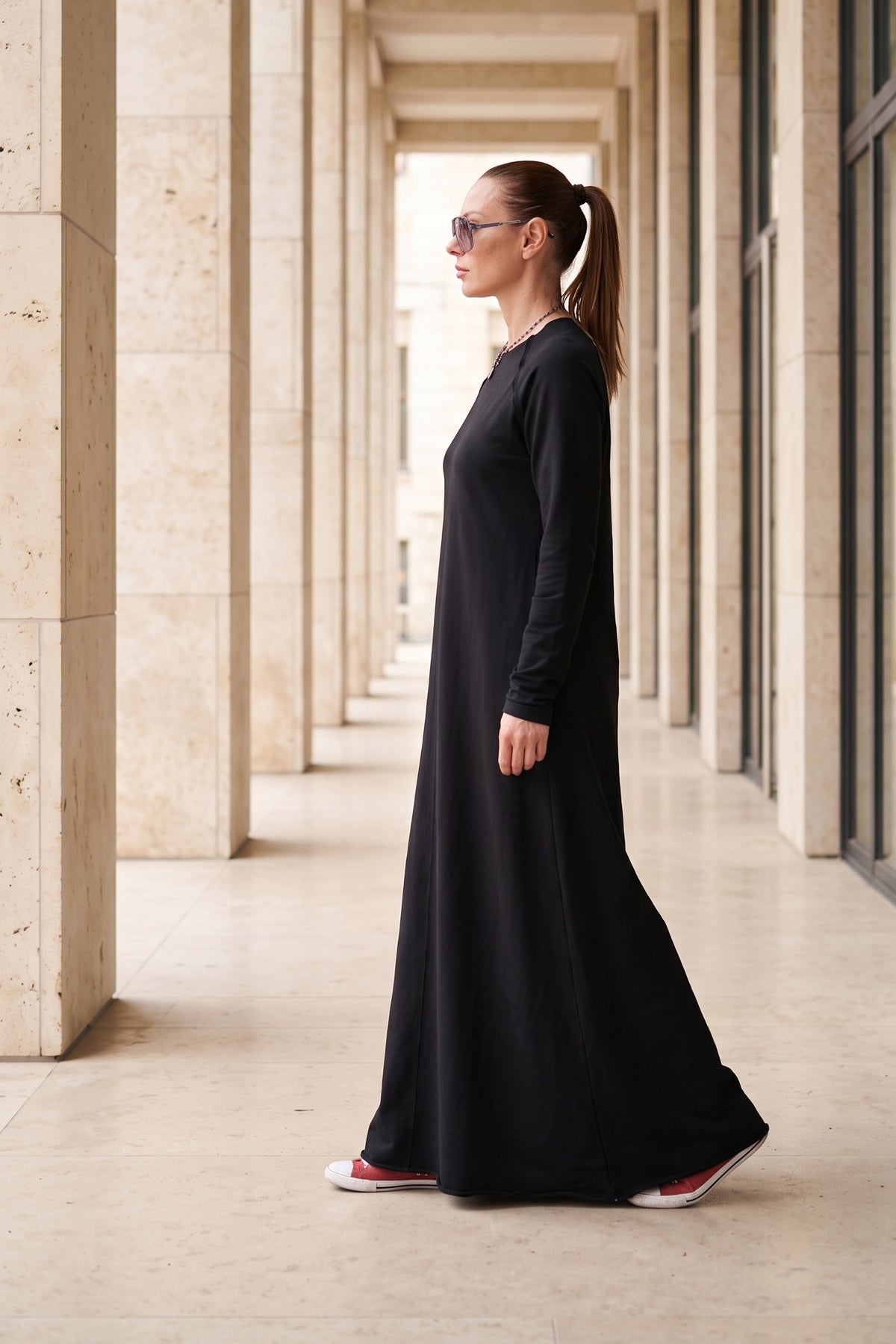 Black cotton terry long dress Barbara with ribbed decorative edges - EUG Fashion #black
