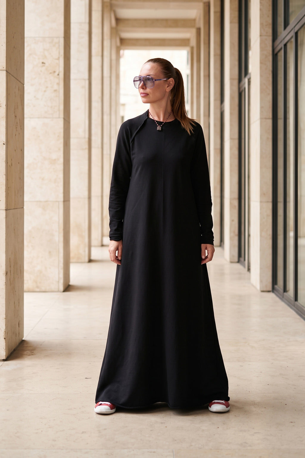Black cotton terry long dress Barbara with ribbed decorative edges - EUG Fashion #black
