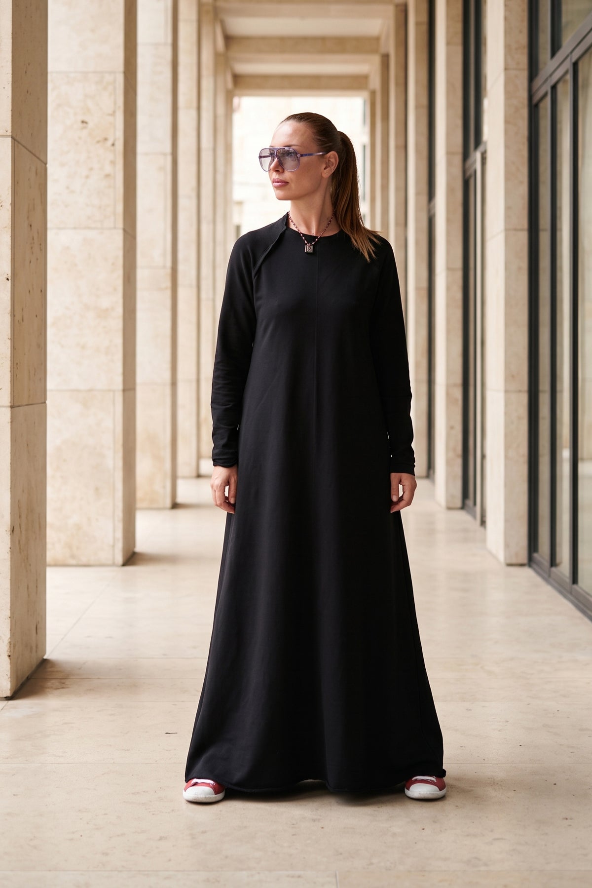 Black cotton terry long dress Barbara with ribbed decorative edges - EUG Fashion #black
