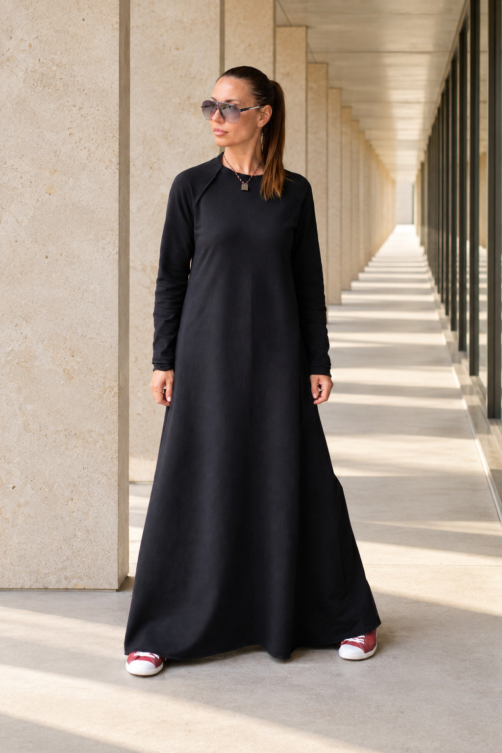 Black cotton terry long dress Barbara with ribbed decorative edges - EUG Fashion #black
