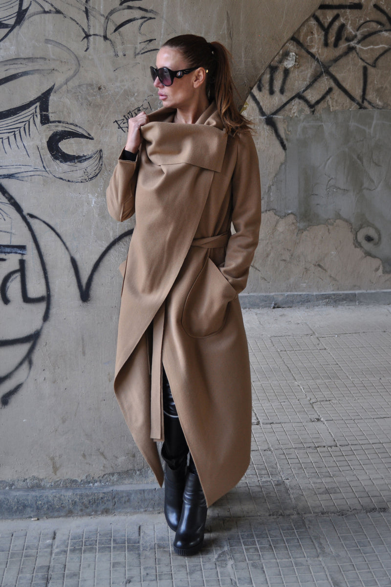 Light brown wool cashmere wrap coat Victoria with belt - EUG Fashion #light-brown
