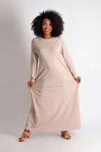 Beige two-tone cotton waffle knit A-line dress Brenna - EUG Fashion #beige