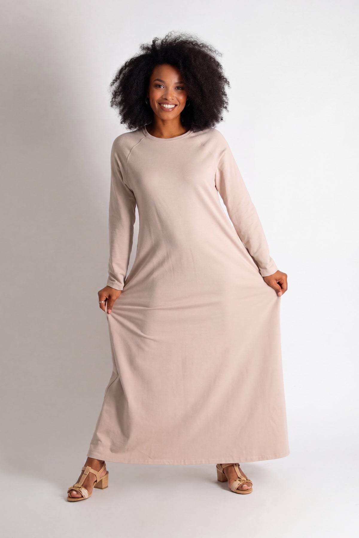 Beige two-tone cotton waffle knit A-line dress Brenna - EUG Fashion #beige