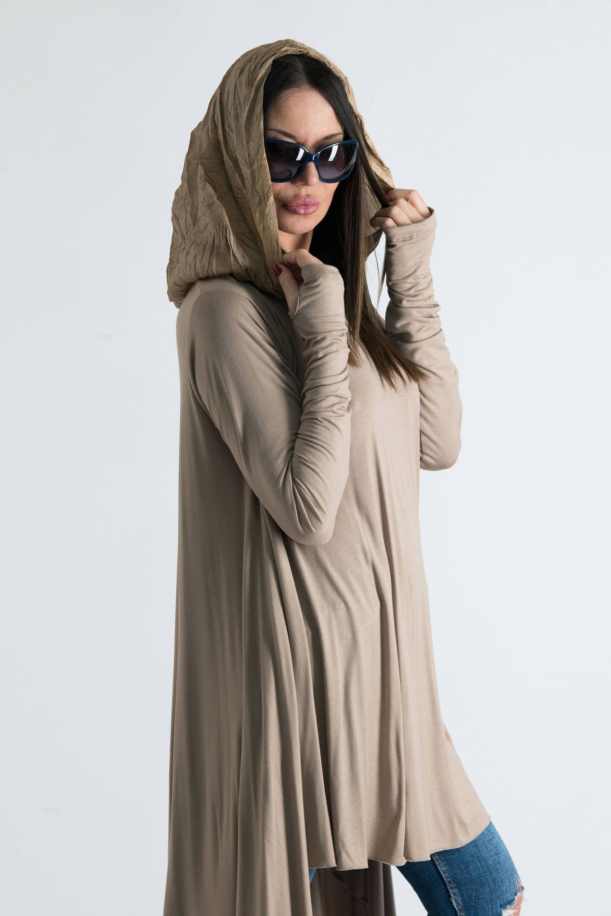 Beige viscose jersey tunic with chiffon hood and narrow long sleeves - wide asymmetric hem, Anie | EUG Fashion #beige
