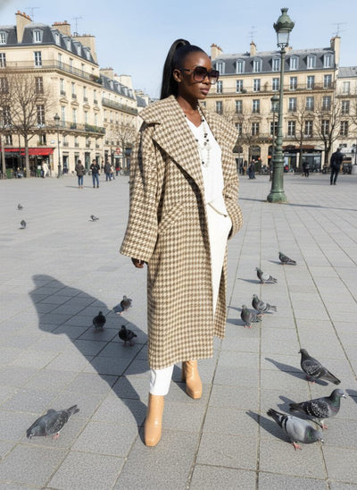 Beige Houndstooth Winter Loose Coat SIRI - EUG Fashion EugFashion 