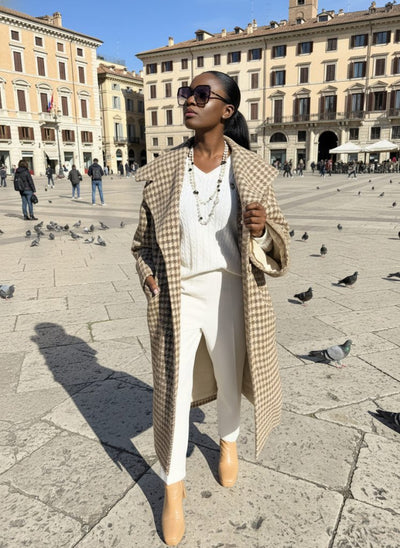Beige Houndstooth Winter Loose Coat SIRI - EUG Fashion EugFashion 