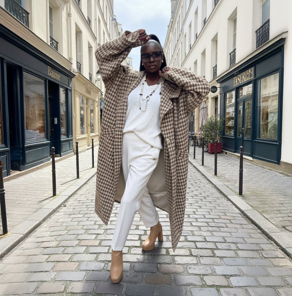 Beige Houndstooth Winter Loose Coat SIRI - EUG Fashion EugFashion 