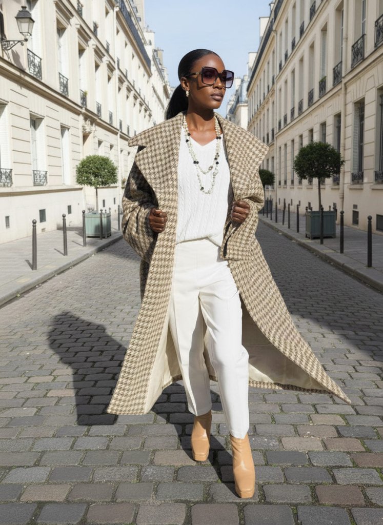 Beige Houndstooth Winter Loose Coat SIRI - EUG Fashion EugFashion 