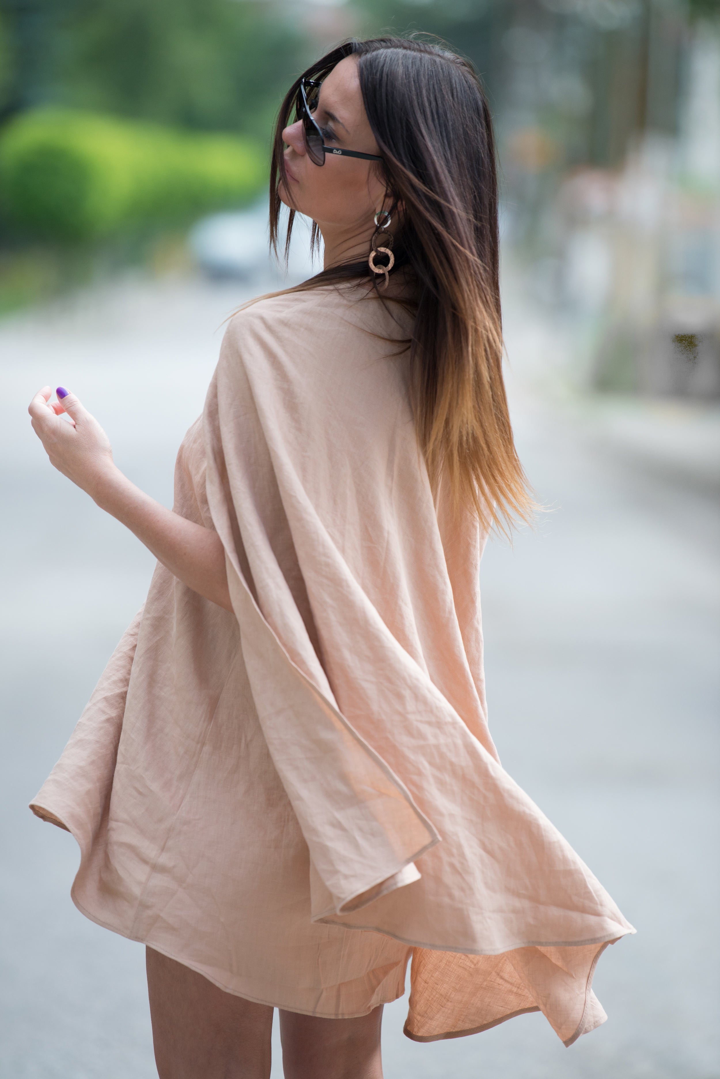 linen short beige dress for woman