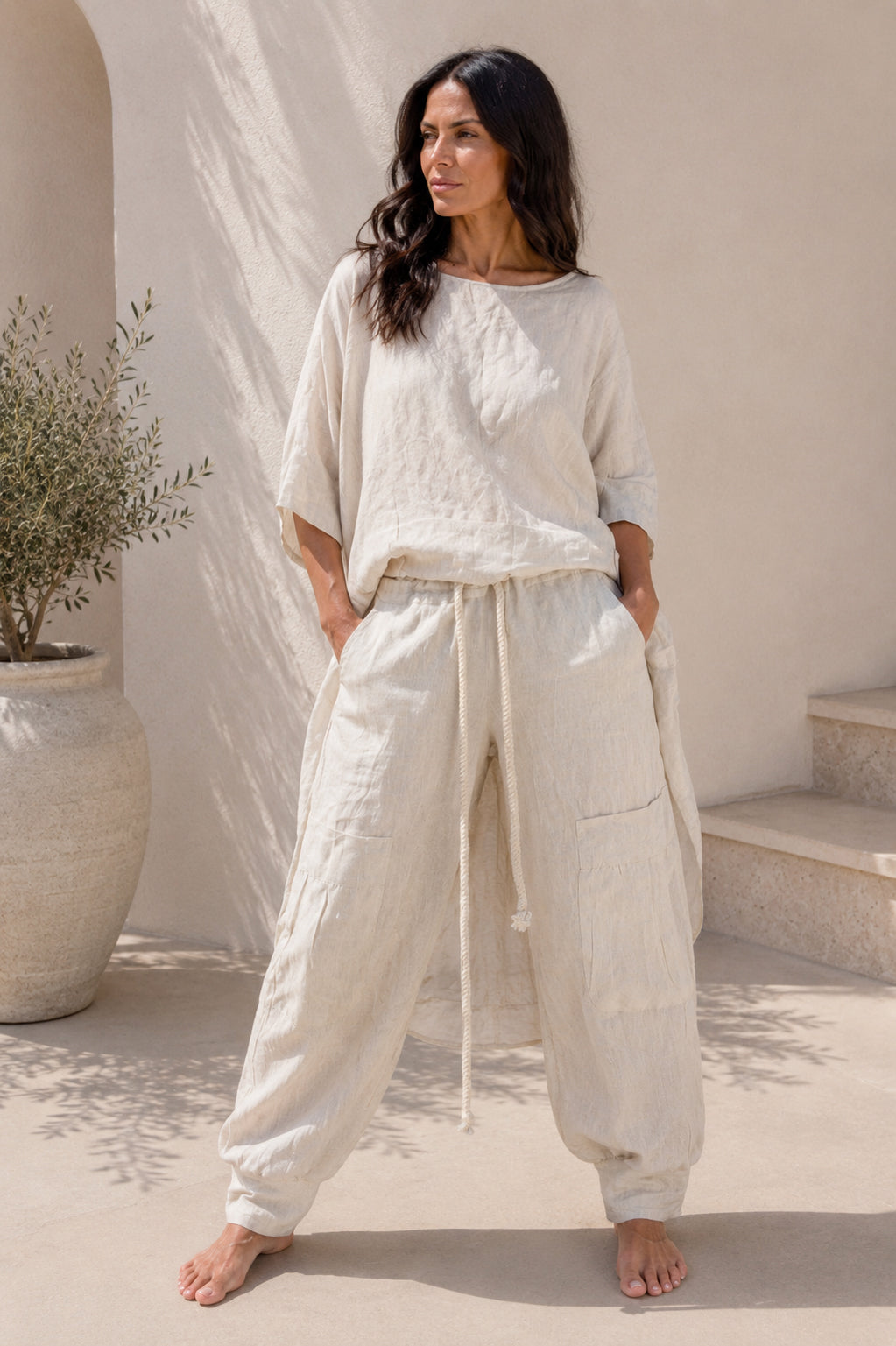 Woman wearing a natural linen outfit from EUG fashion