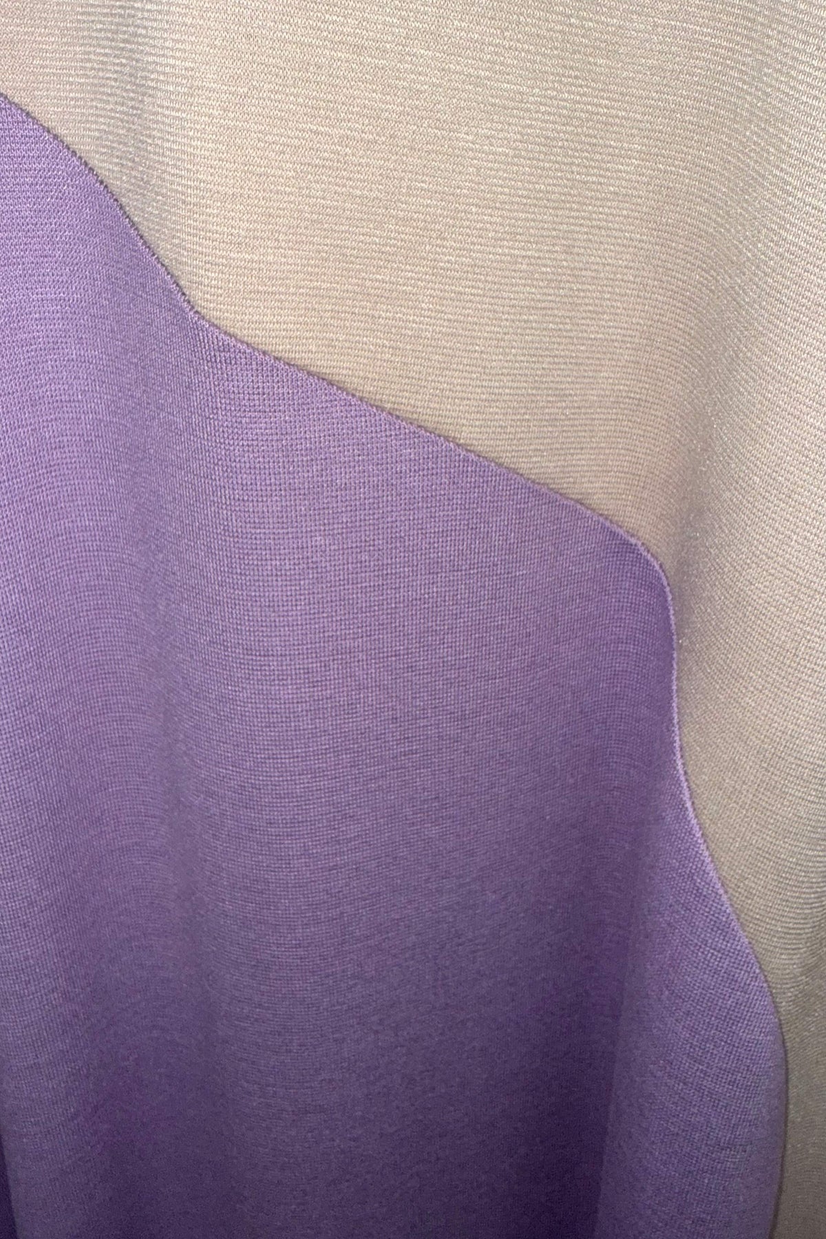 Light Beige and Light Purple A-line dress - two-tone geometric pattern, turtleneck and thumb-hole sleeves, Vivian | EUG Fashion #light-beige