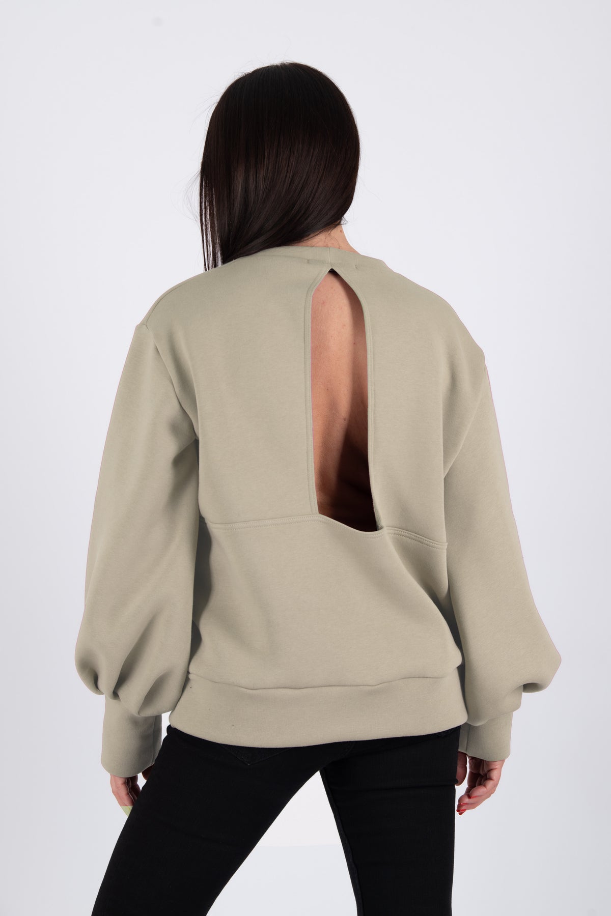 Beige cotton fleece sweatshirt - puff sleeves, round neckline and back cut-out, Anji | EUG Fashion #beige
