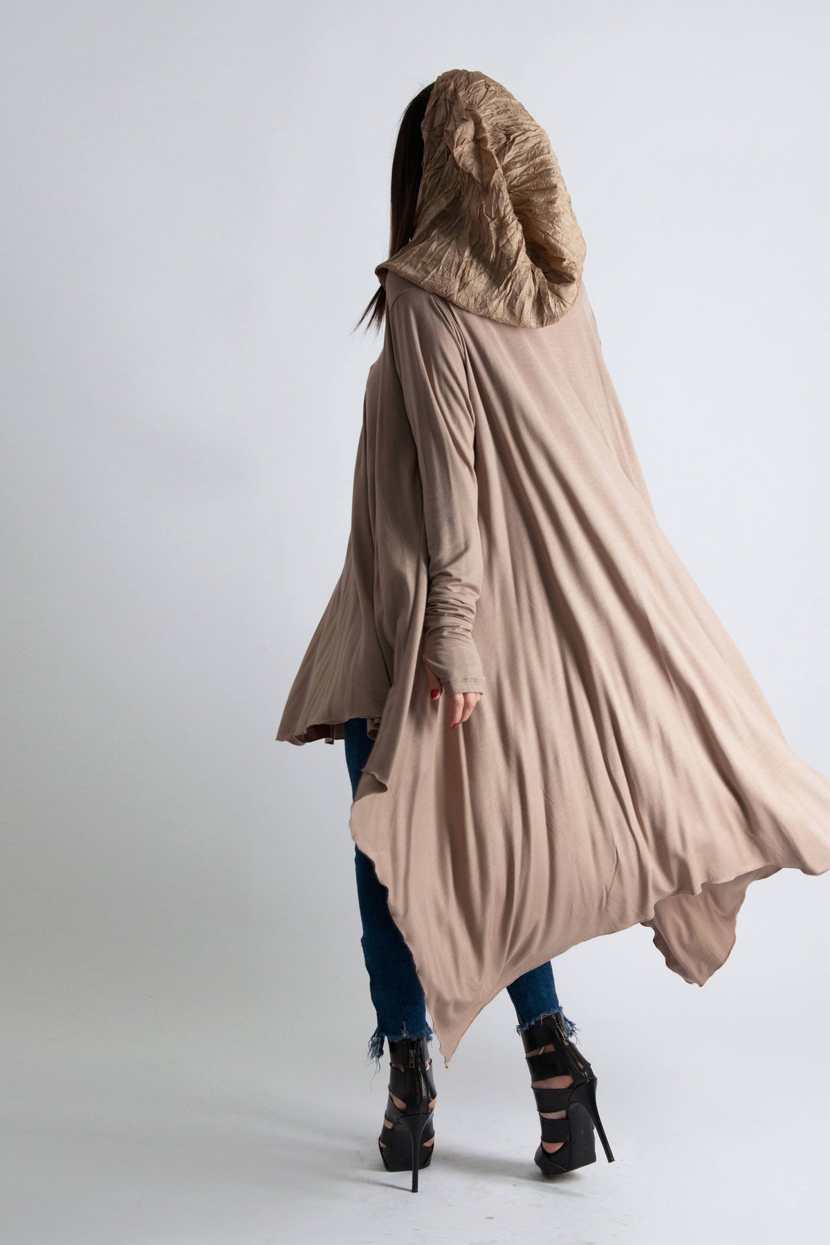 Beige viscose jersey tunic with chiffon hood and narrow long sleeves - wide asymmetric hem, Anie | EUG Fashion #beige
