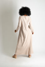 Beige two-tone cotton waffle knit A-line dress Brenna - EUG Fashion #beige
