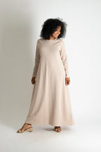 Beige two-tone cotton waffle knit A-line dress Brenna - EUG Fashion #beige
