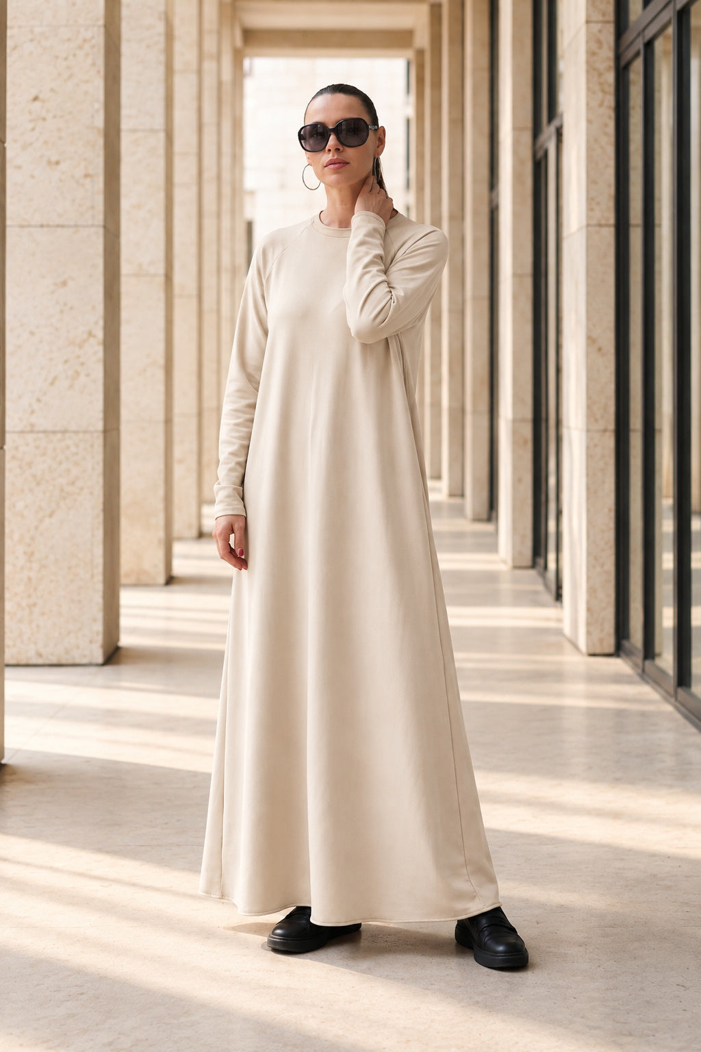 Beige cotton terry long dress Barbara with ribbed decorative edges - EUG Fashion #beige
