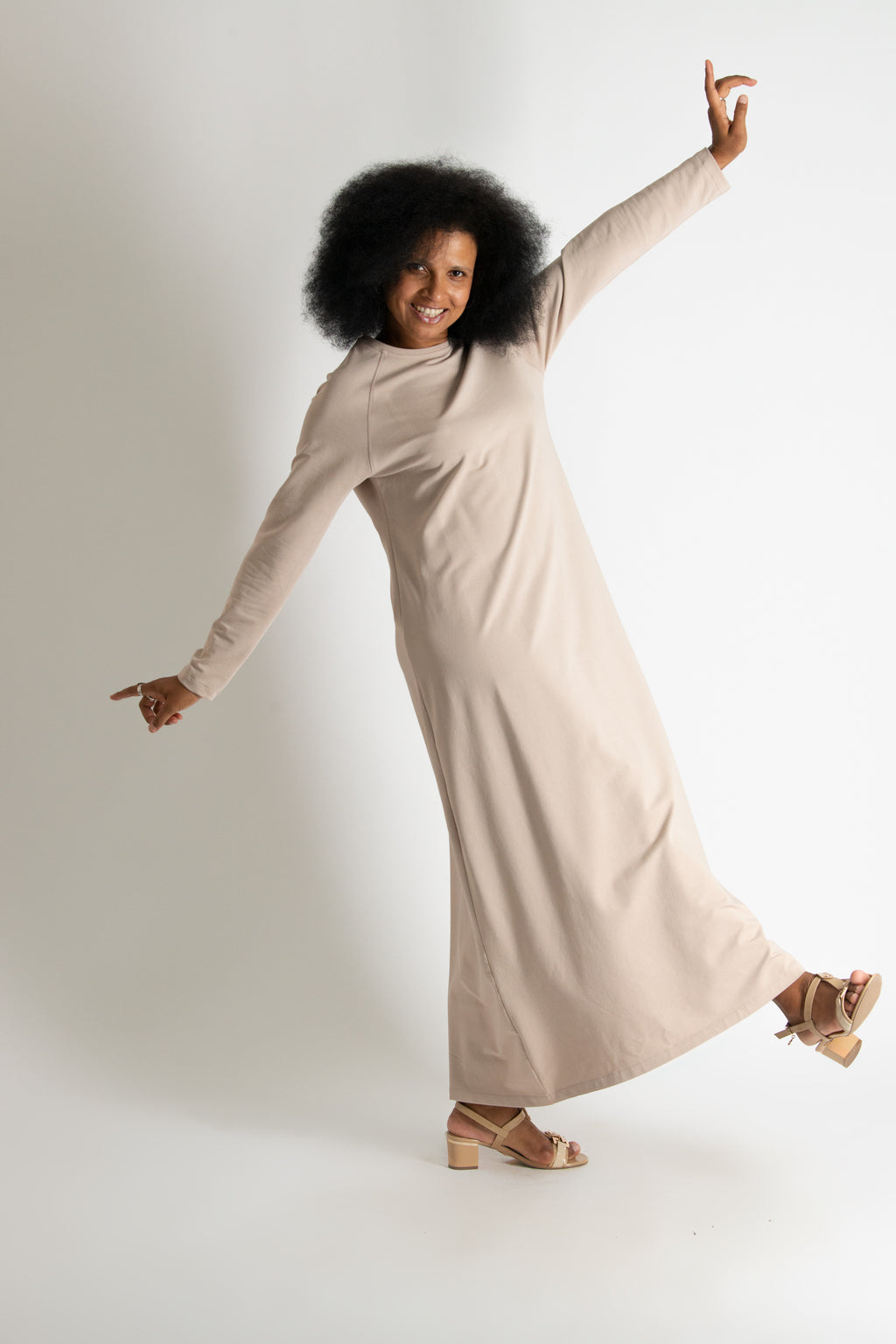 Beige two-tone cotton waffle knit A-line dress Brenna - EUG Fashion #beige
