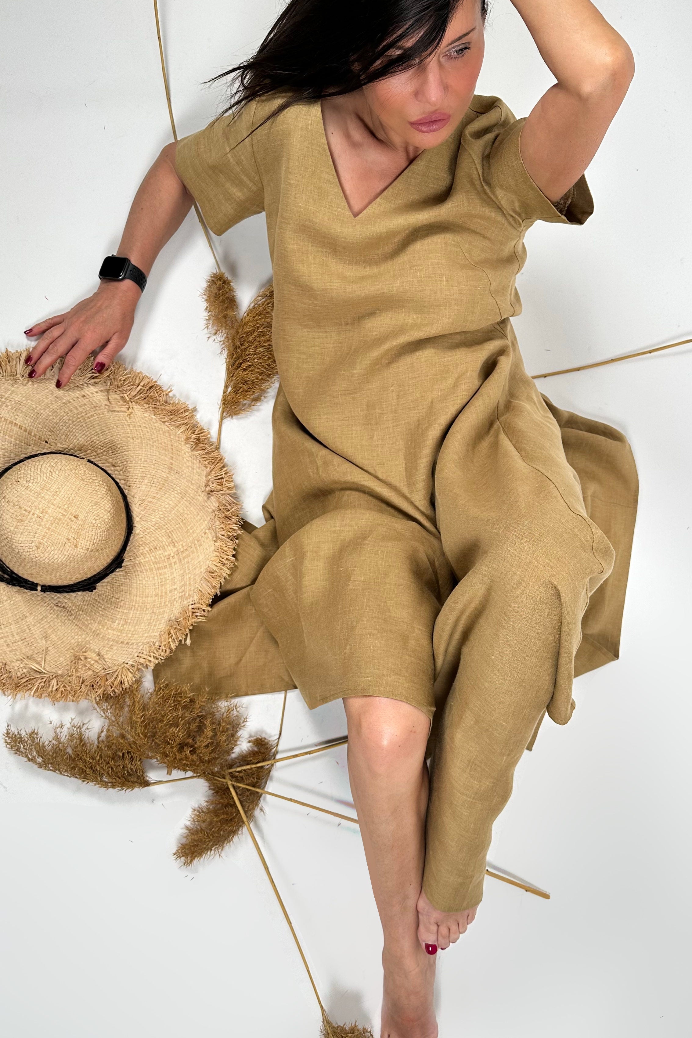 Linen a line long dress - EUG fashion #beige-sahara