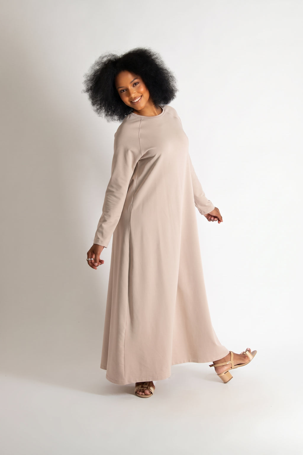 Beige two-tone cotton waffle knit A-line dress Brenna - EUG Fashion #beige
