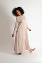 Beige two-tone cotton waffle knit A-line dress Brenna - EUG Fashion #beige
