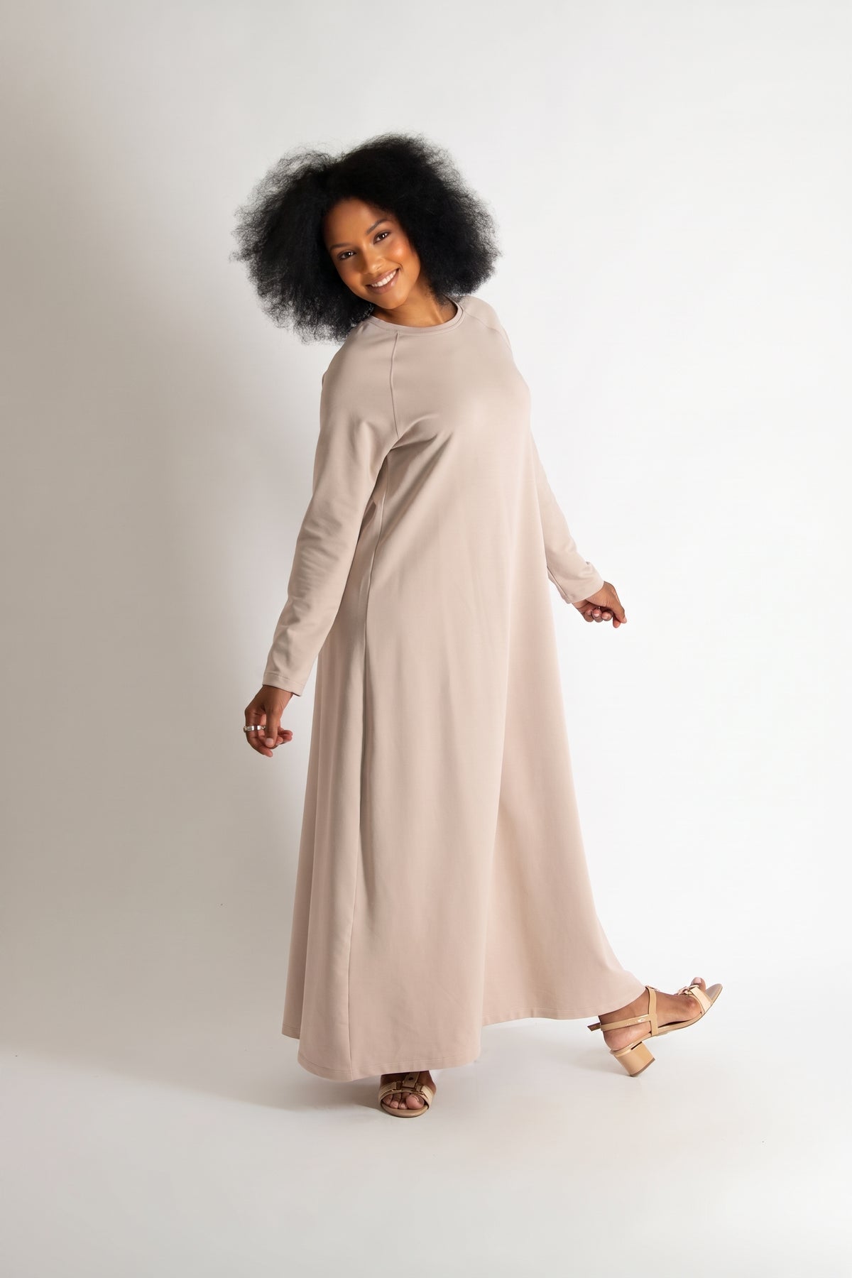 Beige two-tone cotton waffle knit A-line dress Brenna - EUG Fashion #beige
