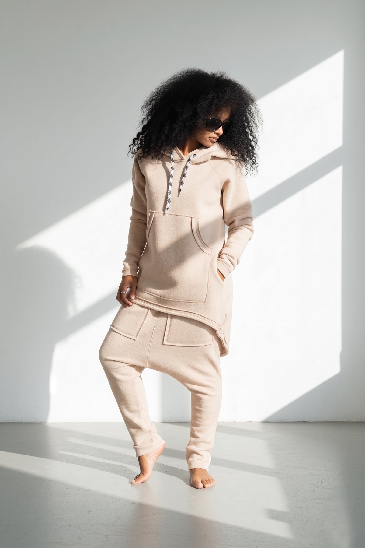 Beige fluffy hooded tracksuit with asymmetric top and harem trousers - warm winter wadding fabric, Megan | EUG Fashion #beige