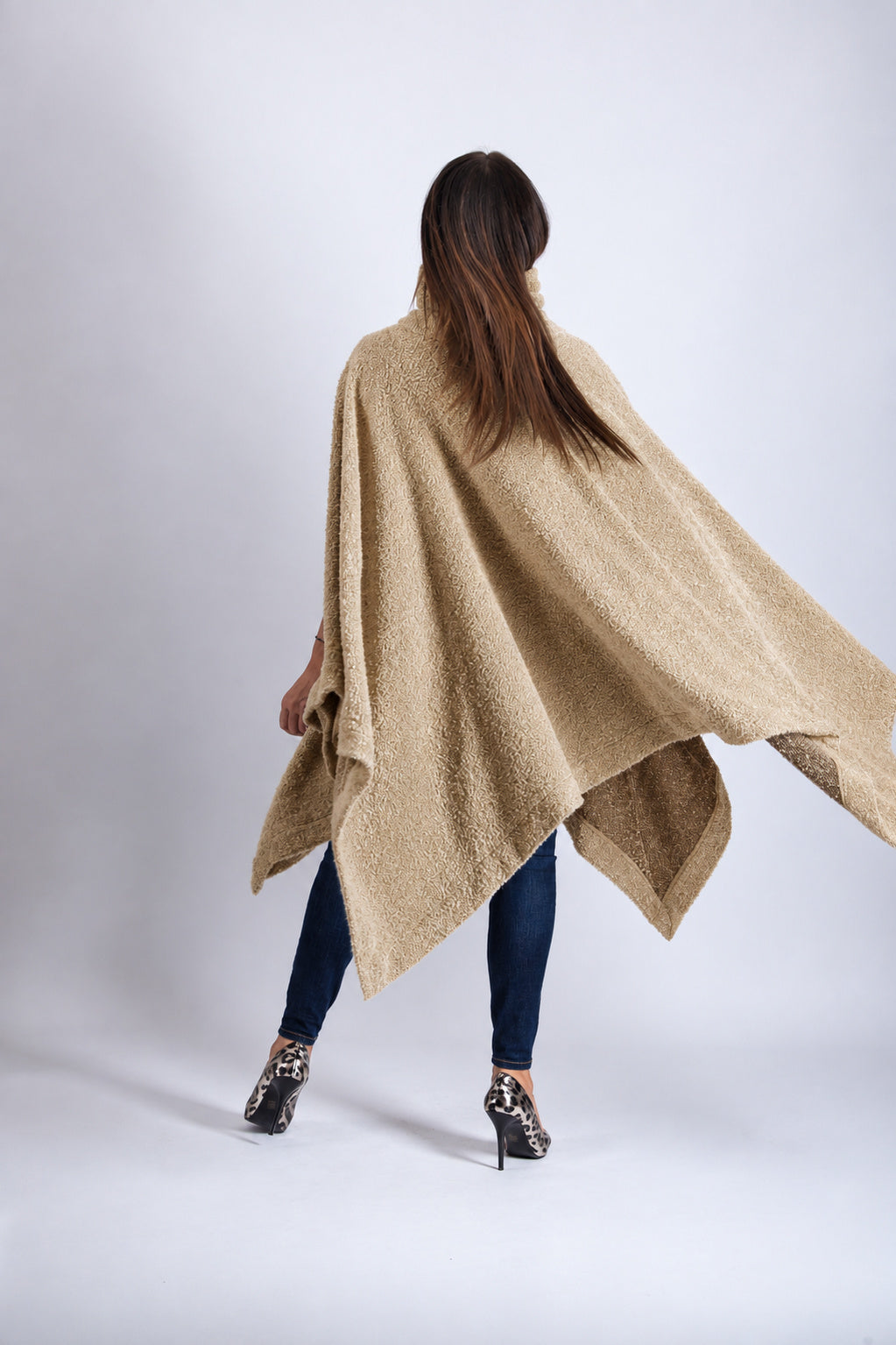 Beige soft bouclé knitted poncho with turtleneck and asymmetric arm openings - relaxed silhouette, Eva | EUG Fashion #beige
