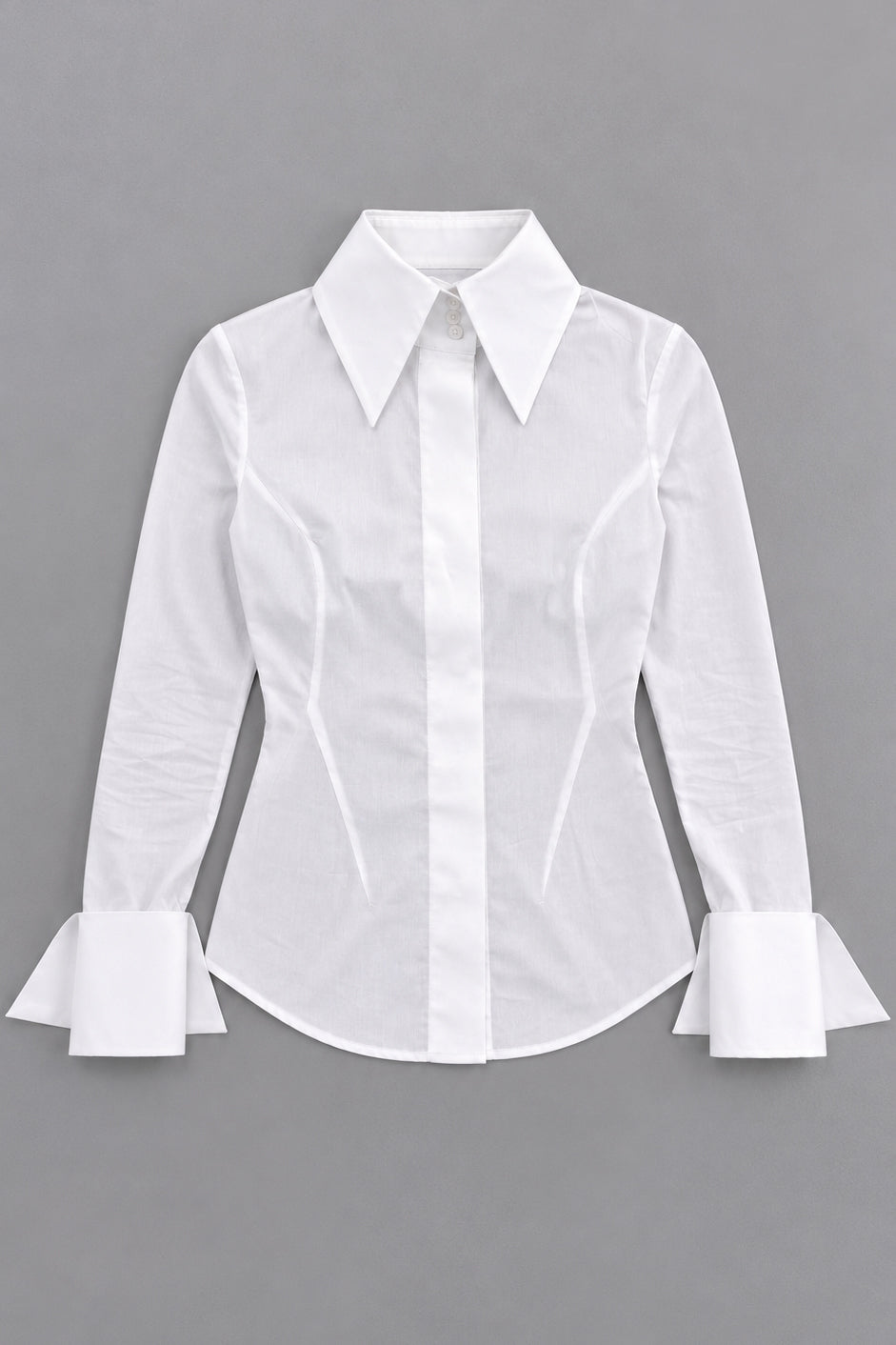 White cotton shirt - oversized collar, extra-large designer cuffs, fitted silhouette, Belinda | EUG Fashion #white

