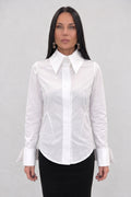 White cotton shirt - oversized collar, extra-large designer cuffs, fitted silhouette, Belinda | EUG Fashion #white

