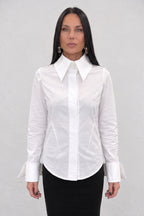 White cotton shirt - oversized collar, extra-large designer cuffs, fitted silhouette, Belinda | EUG Fashion #white

