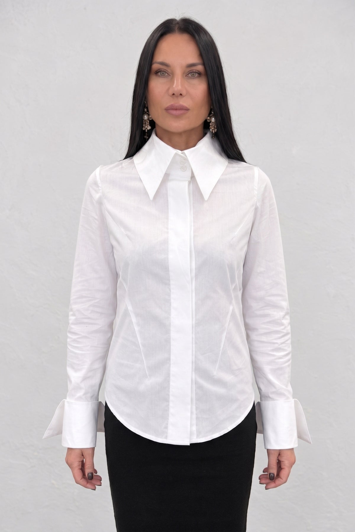 White cotton shirt - oversized collar, extra-large designer cuffs, fitted silhouette, Belinda | EUG Fashion #white

