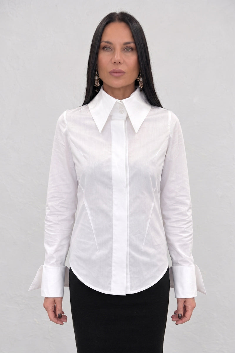 White cotton shirt - oversized collar, extra-large designer cuffs, fitted silhouette, Belinda | EUG Fashion #white


