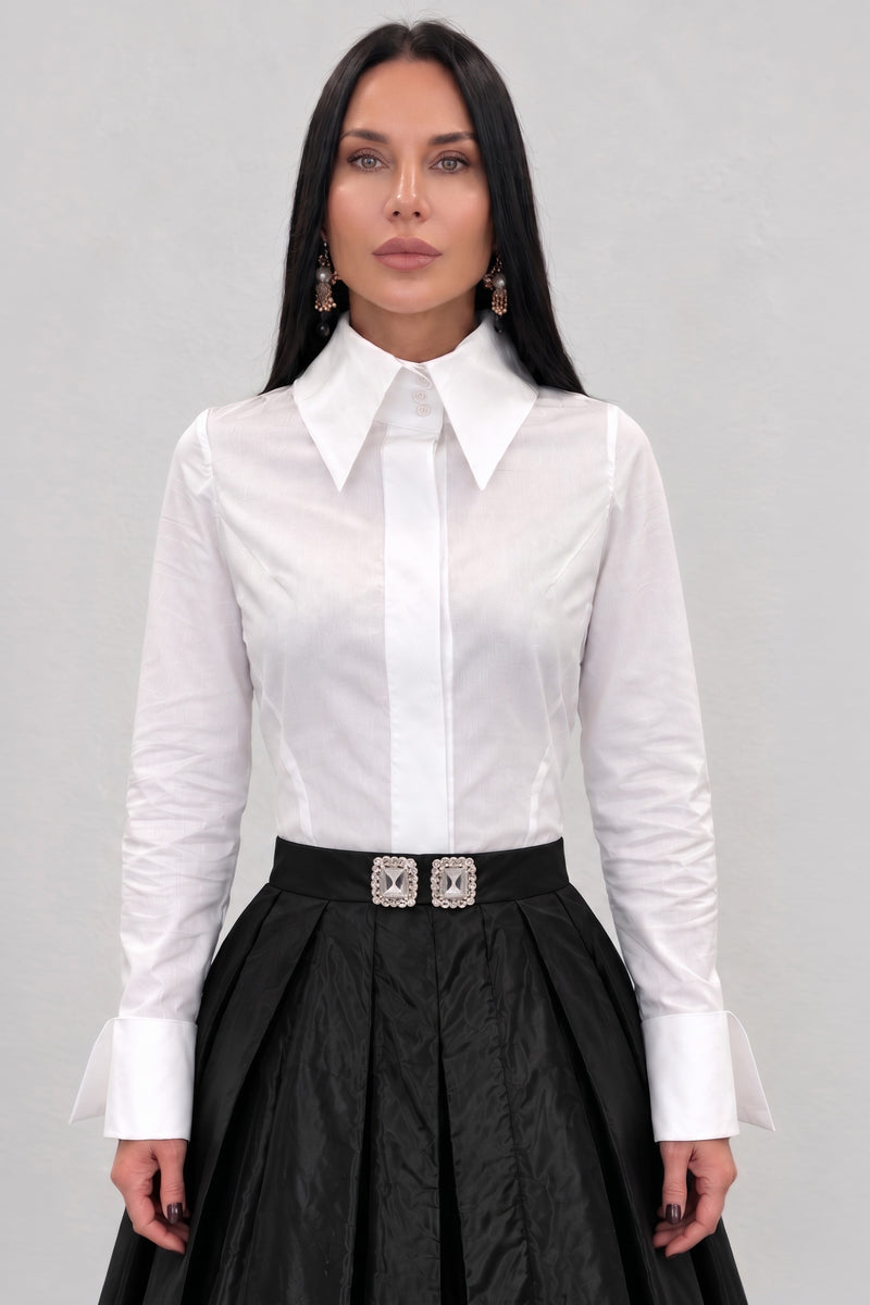 White cotton shirt - oversized collar, extra-large designer cuffs, fitted silhouette, Belinda | EUG Fashion #white