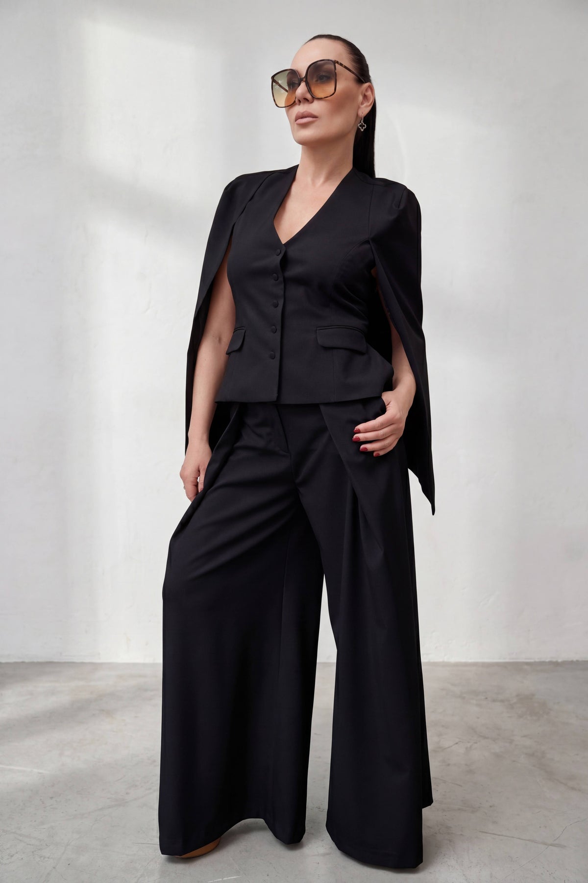 Black cape blazer with fitted vest front, V-neckline and button closure - elegant cape panels from shoulders, Oslo | EUG Fashion #black