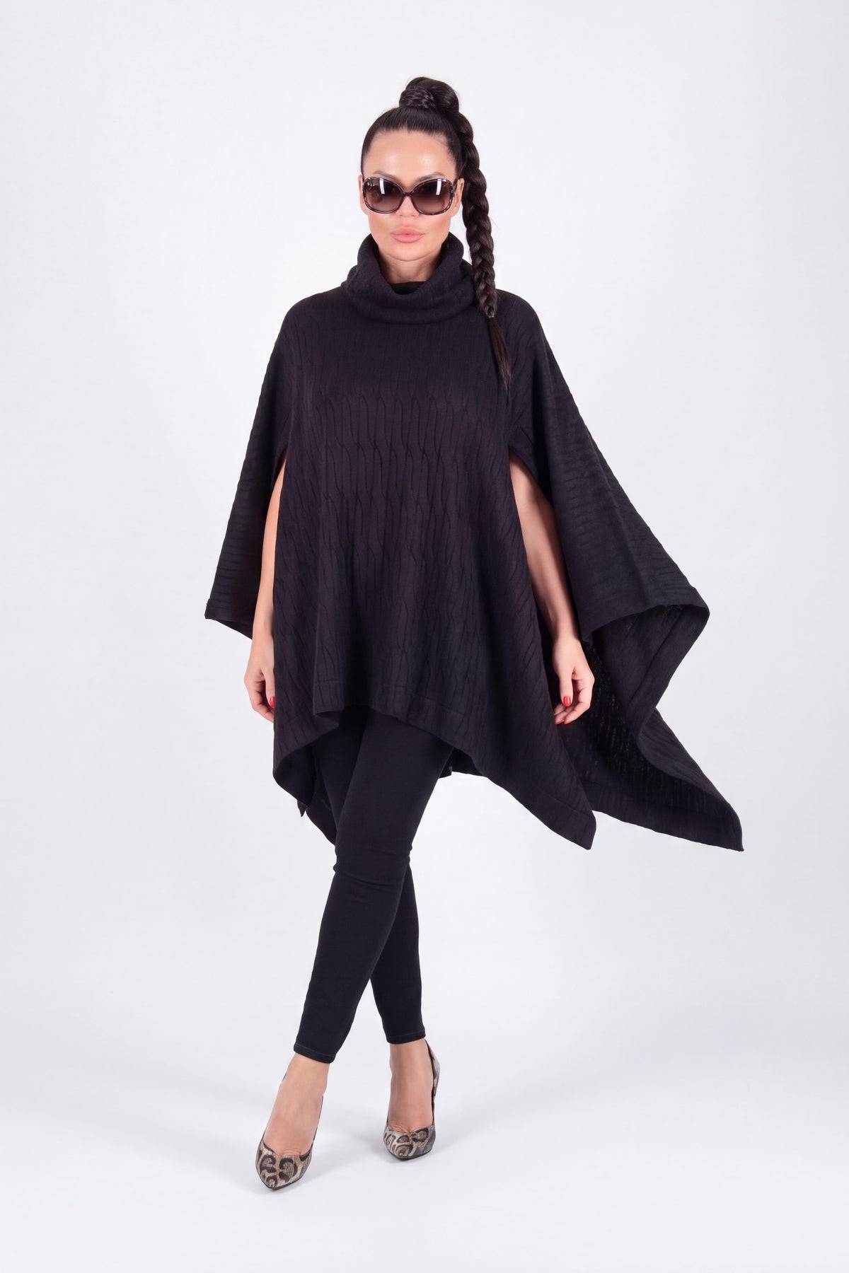 Black warm patterned knit poncho with turtleneck and arm openings - elegant over dresses, Eva | EUG Fashion #black

