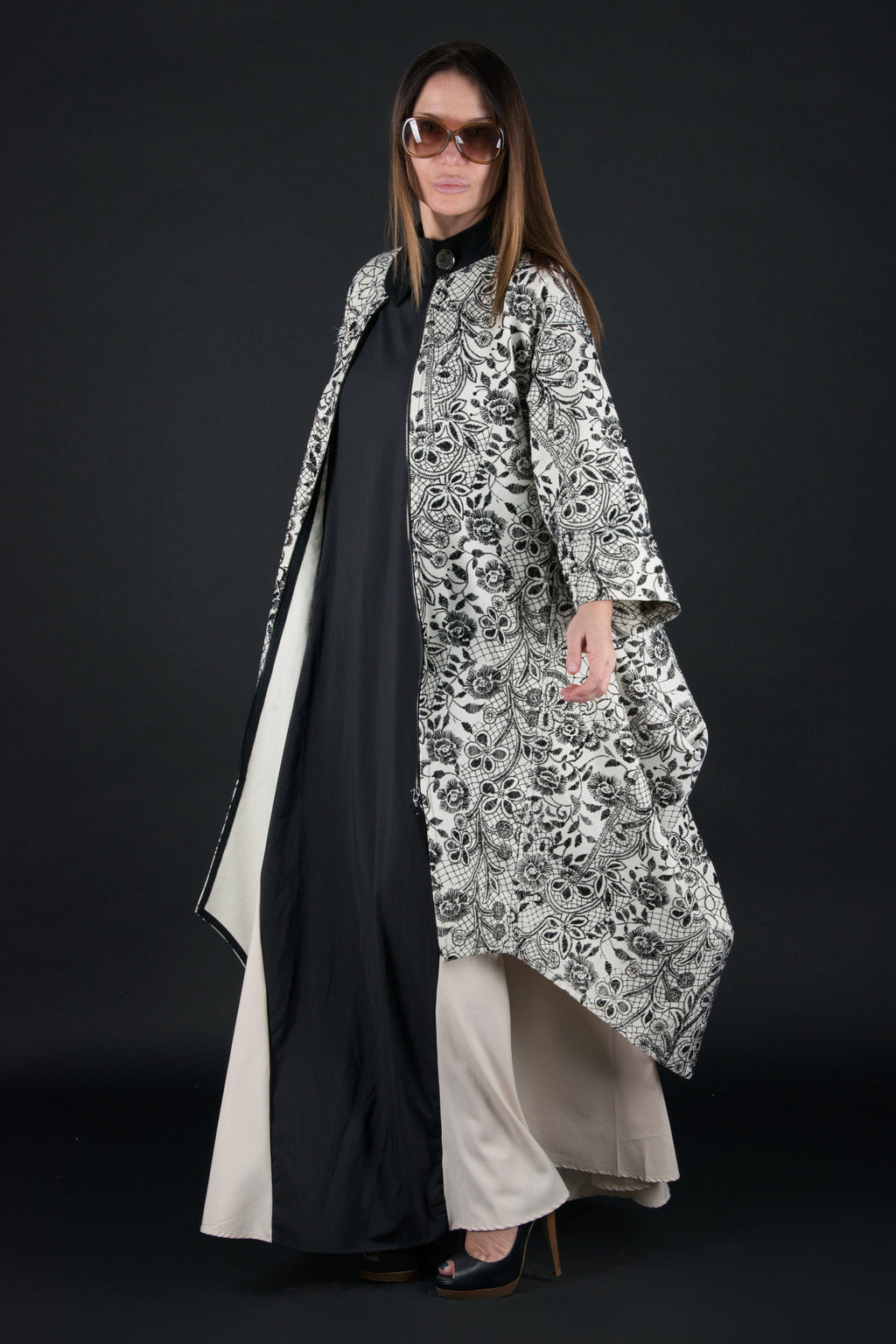 Off-white embroidered wool cape coat Cindy with black embroidery and belt - EUG Fashion #off-white

