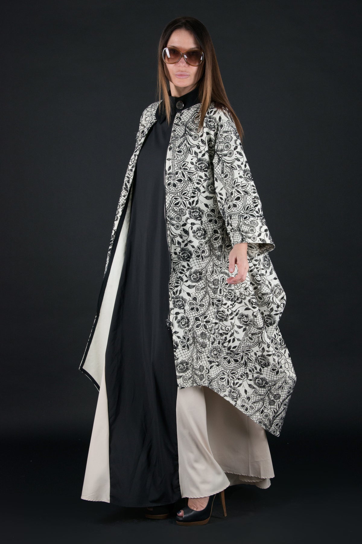 Off-white embroidered wool cape coat Cindy with black embroidery and belt - EUG Fashion #off-white
