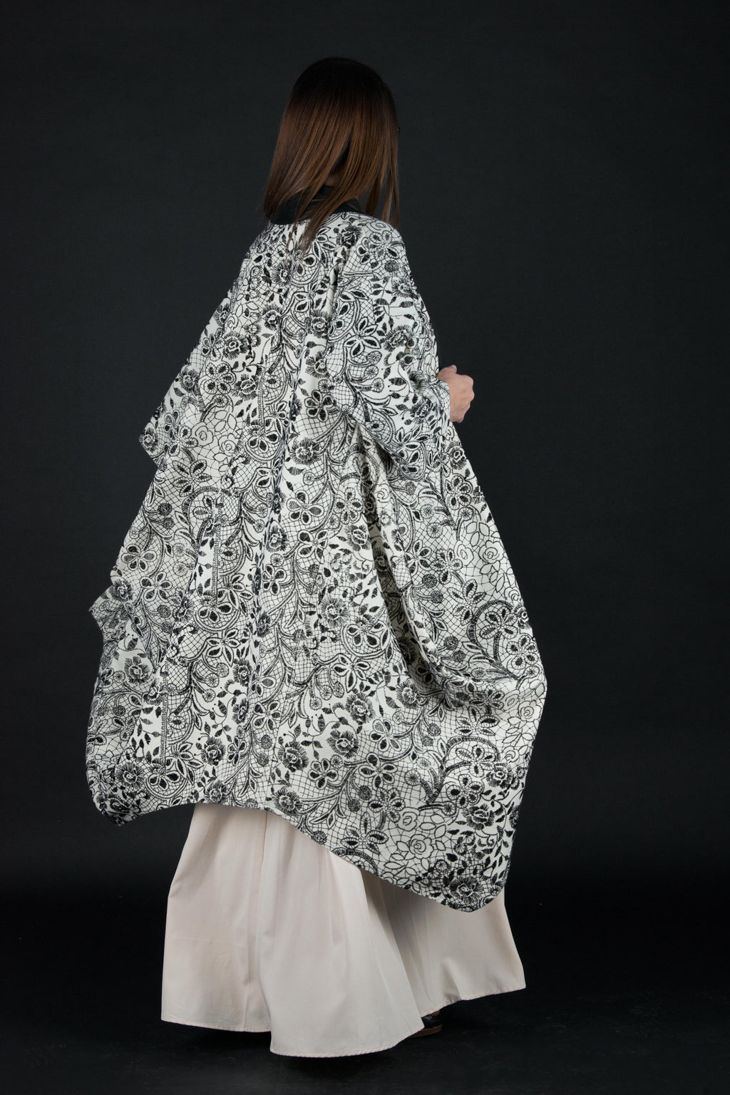 Off-white embroidered wool cape coat Cindy with black embroidery and belt - EUG Fashion #off-white
