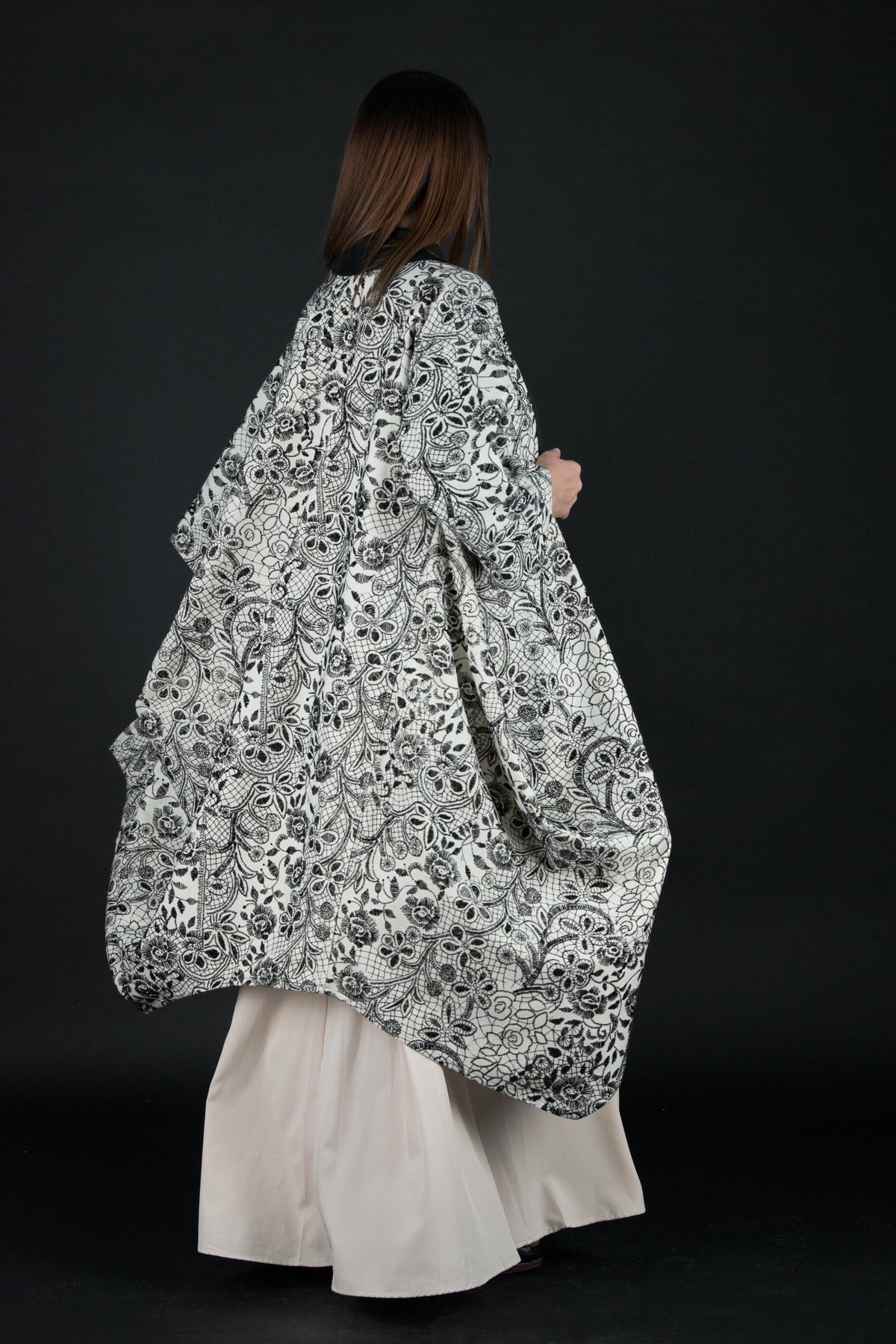 Off-white embroidered wool cape coat Cindy with black embroidery and belt - EUG Fashion #off-white
