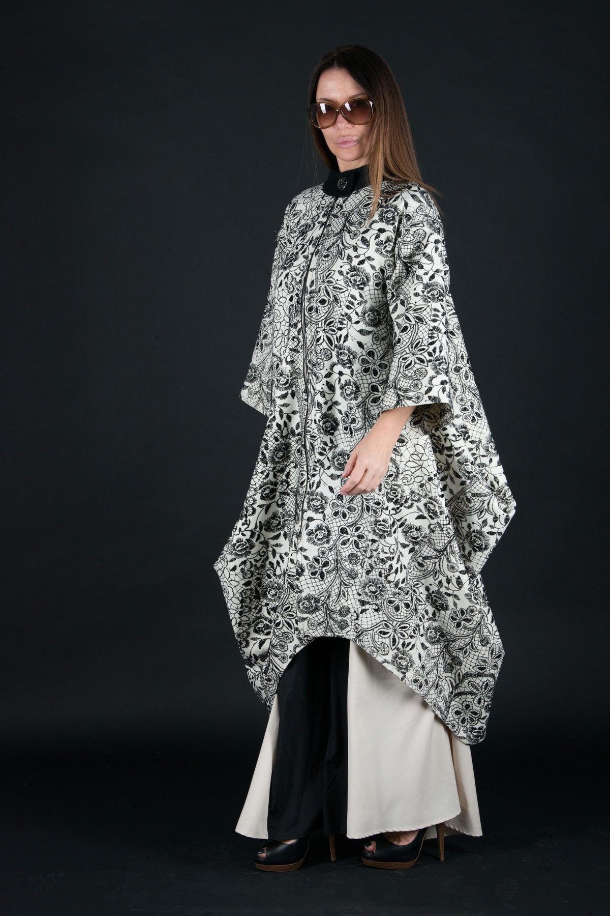 Off-white embroidered wool cape coat Cindy with black embroidery and belt - EUG Fashion #off-white
