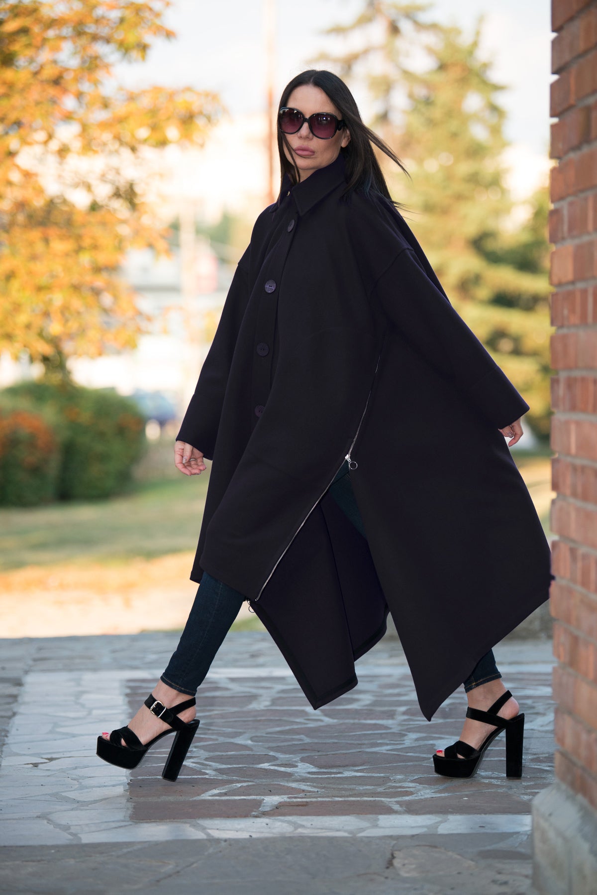Black wide cape maxi coat Federica with zip details - EUG Fashion #black
