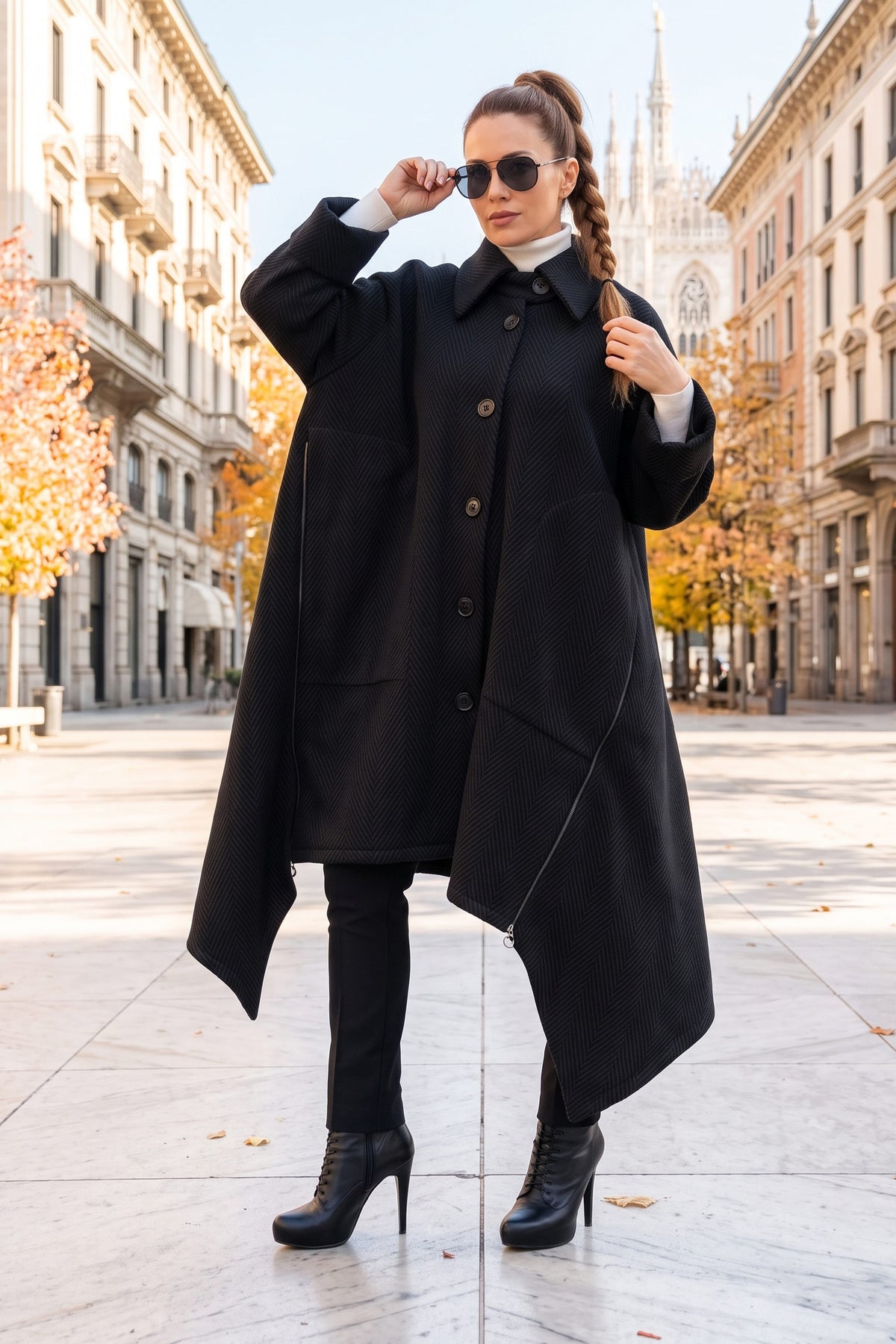 Black hooded top with kangaroo pocket and thumb-hole sleeves - asymmetric raw edges, cotton wadding, Megan | EUG Fashion #black
