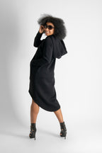 Black cotton fleece hooded dress - asymmetric cut and spacious front pocket, Taylor | EUG Fashion #black
