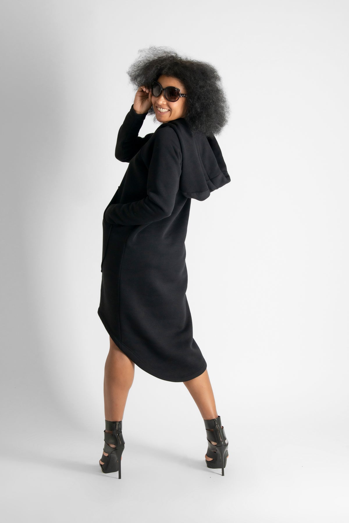 Black cotton fleece hooded dress - asymmetric cut and spacious front pocket, Taylor | EUG Fashion #black
