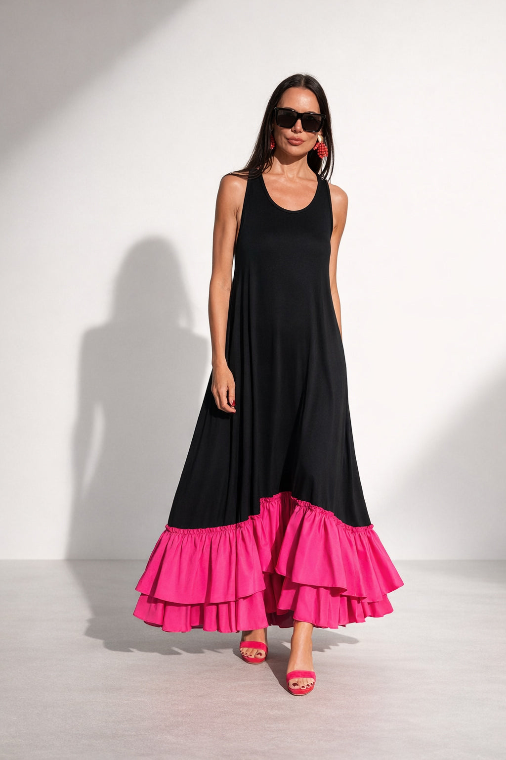 jersey long flounces dress - #fuchsia-black